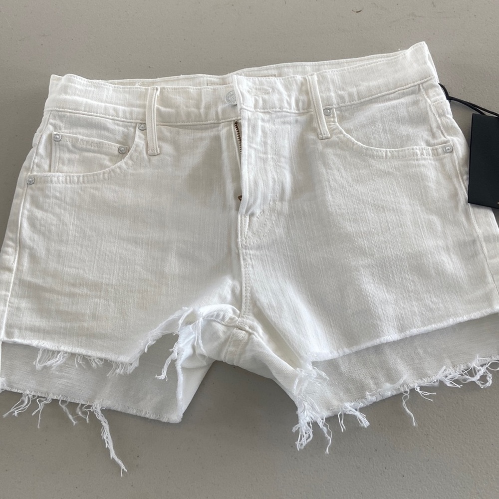 Mother white denim shorts. Teaser step fray short. Color= totally innocent